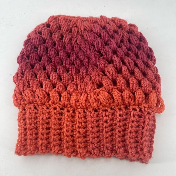 Handmade Napper bun beanie ponytail stocking cap one size NEW orange red - Picture 6 of 10